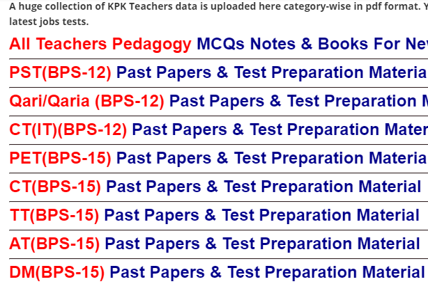 KPK NTS Preparation Data for PST CT PET DM AT TT CT-IT Qari/Qaria All SST Teachers Jobs Tests